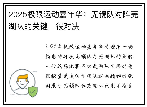 2025极限运动嘉年华：无锡队对阵芜湖队的关键一役对决